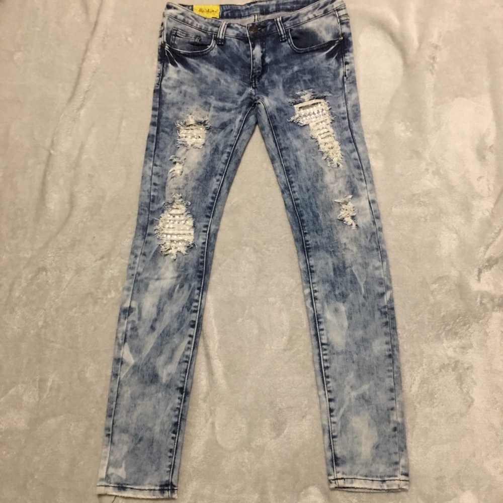 Machine Distressed Hidden Bling Jeans